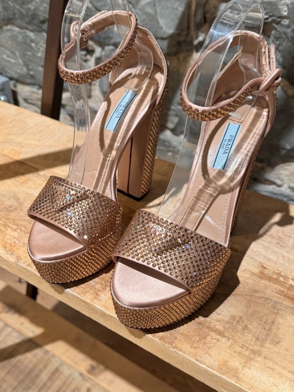 Prada Pink Crystal Triangle Logo Platform Sandals - Picture 5 of 12
